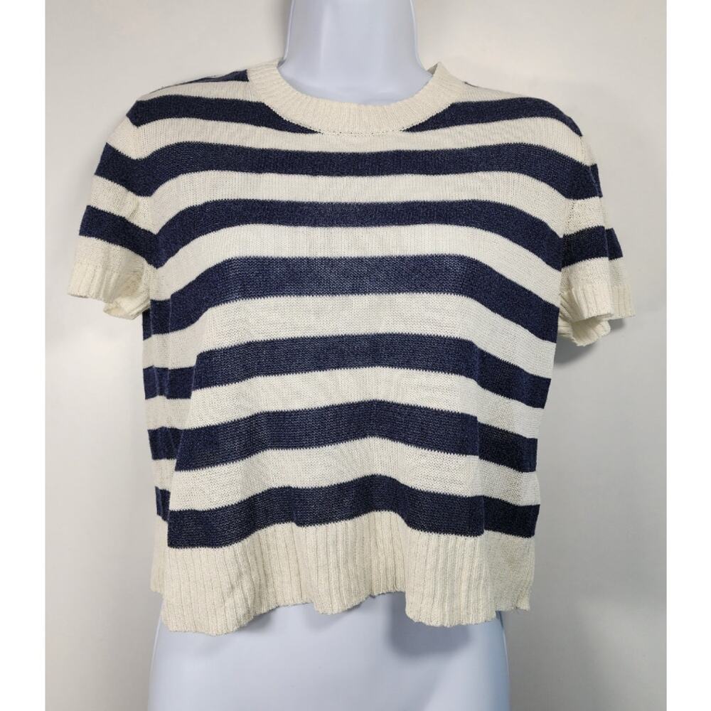 ZARA Striped Knit Crop Sweater Navy Cream Short Sleeve Coastal Top Size M‎